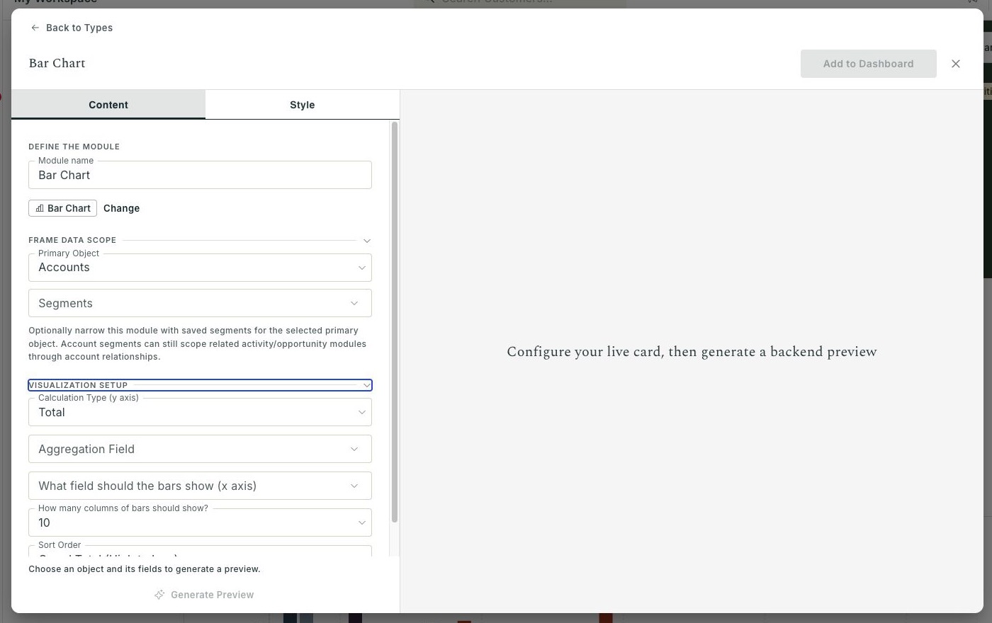 Content tab for a Bar Chart Frame with data scope and visualization settings