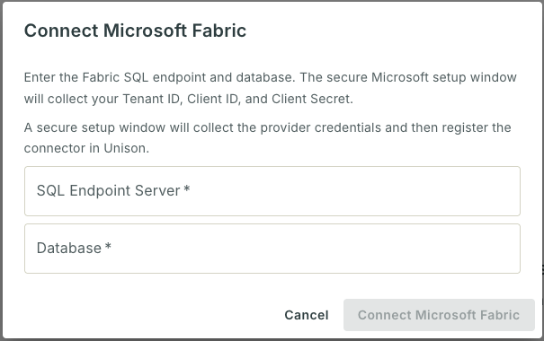 Microsoft Fabric setup showing SQL Endpoint Server and Database