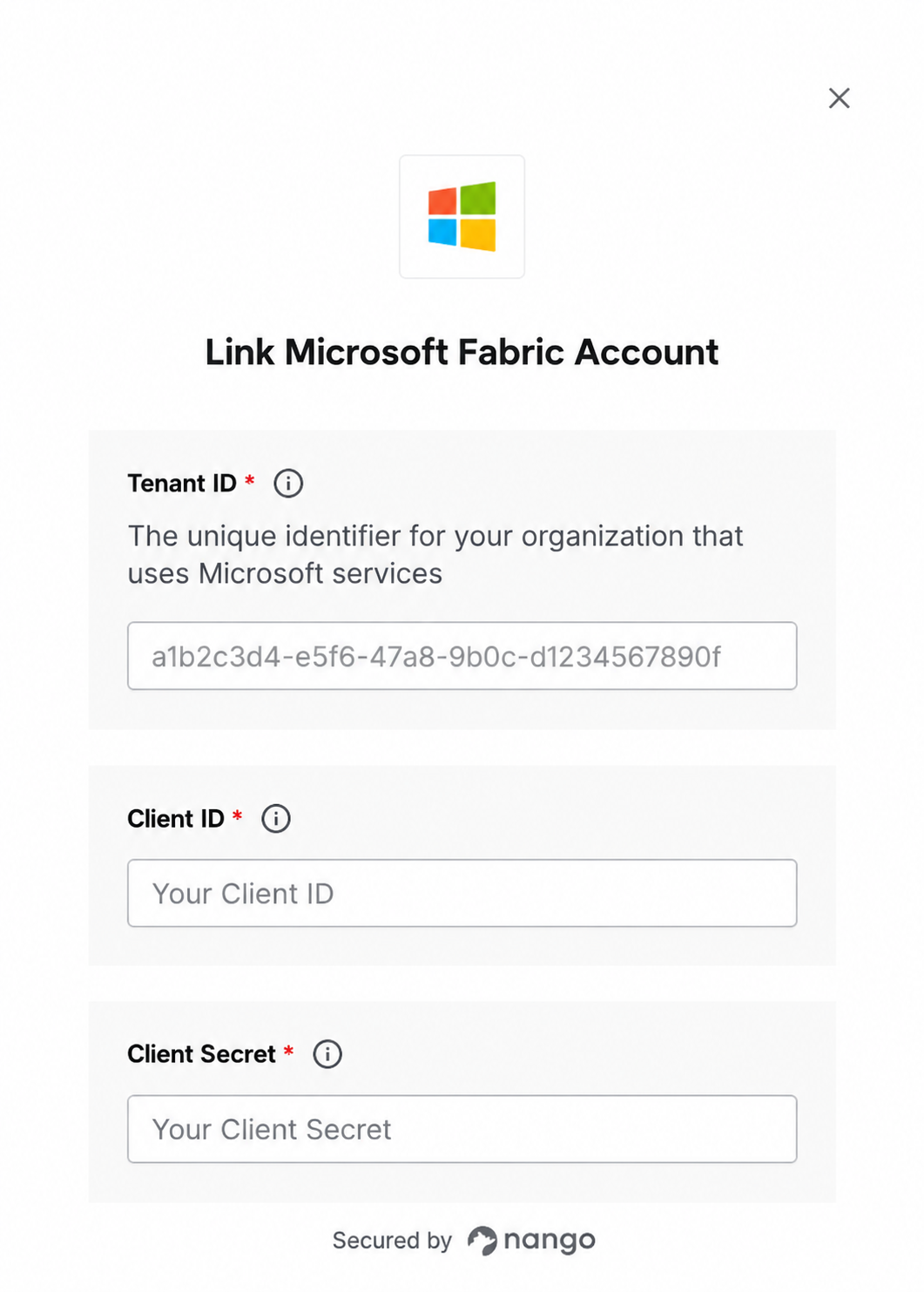 Microsoft Fabric setup showing Tenant ID, Client ID, and Client Secret